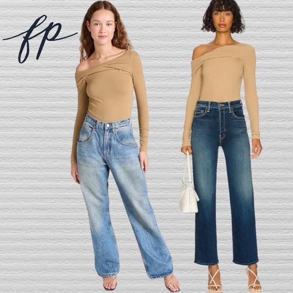 FREE PEOPLE Addie Long Sleeve Asymmetrical Twist Off Shoulder Fitted Top-Lg/NWT - Picture 9 of 9